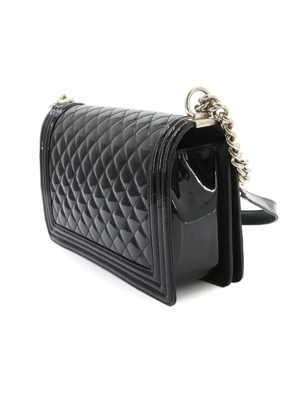 Chanel Boy Chain Shoulder Bag Patent Leather Black Silver